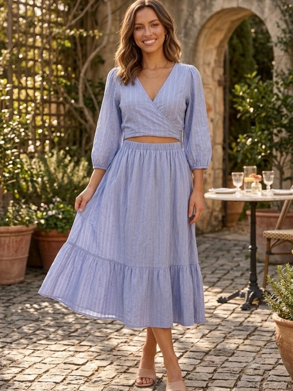 Lush Dusty Blue Cotton Midi Dress Wrap Bodice Cutout Tiered NWT M